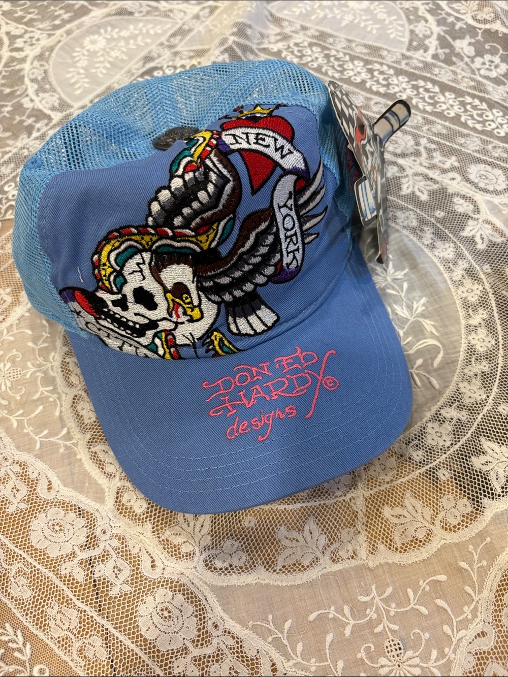 Ed Hardy Blue Kids Embroidered Skull Cap with Pink Logo